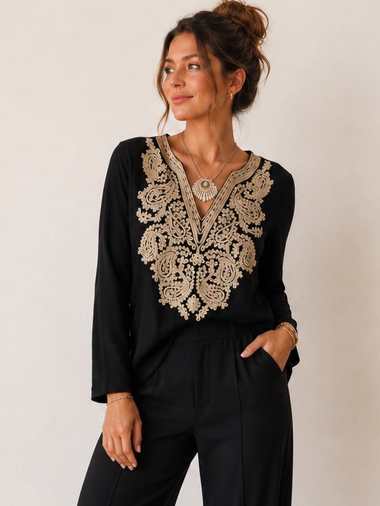 Tops - INC International Concepts Black Embroidered V-Neck Long Sleeve Top || Sz Large